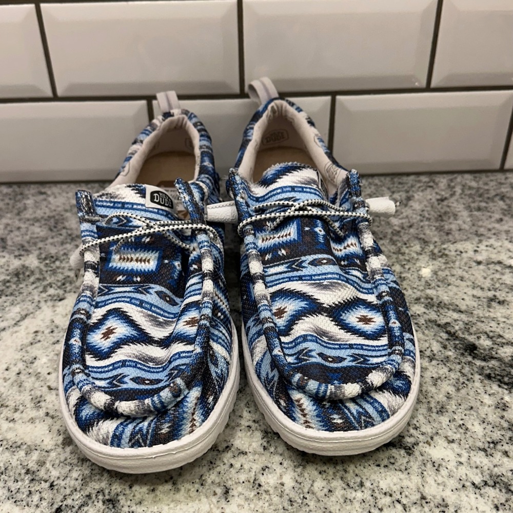 Hey Dude Mens 10 Wally Loafers Blue Multi Geometric Southwestern Casual Aztec - Picture 2 of 8
